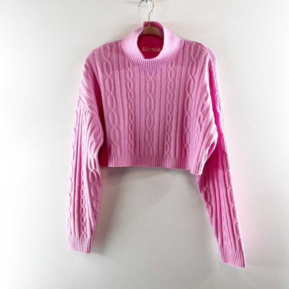 Alo Cable Knit Cropped Winter Bliss Turtleneck Long Sleeve Candy Heart Pink XS - Picture 4 of 5
